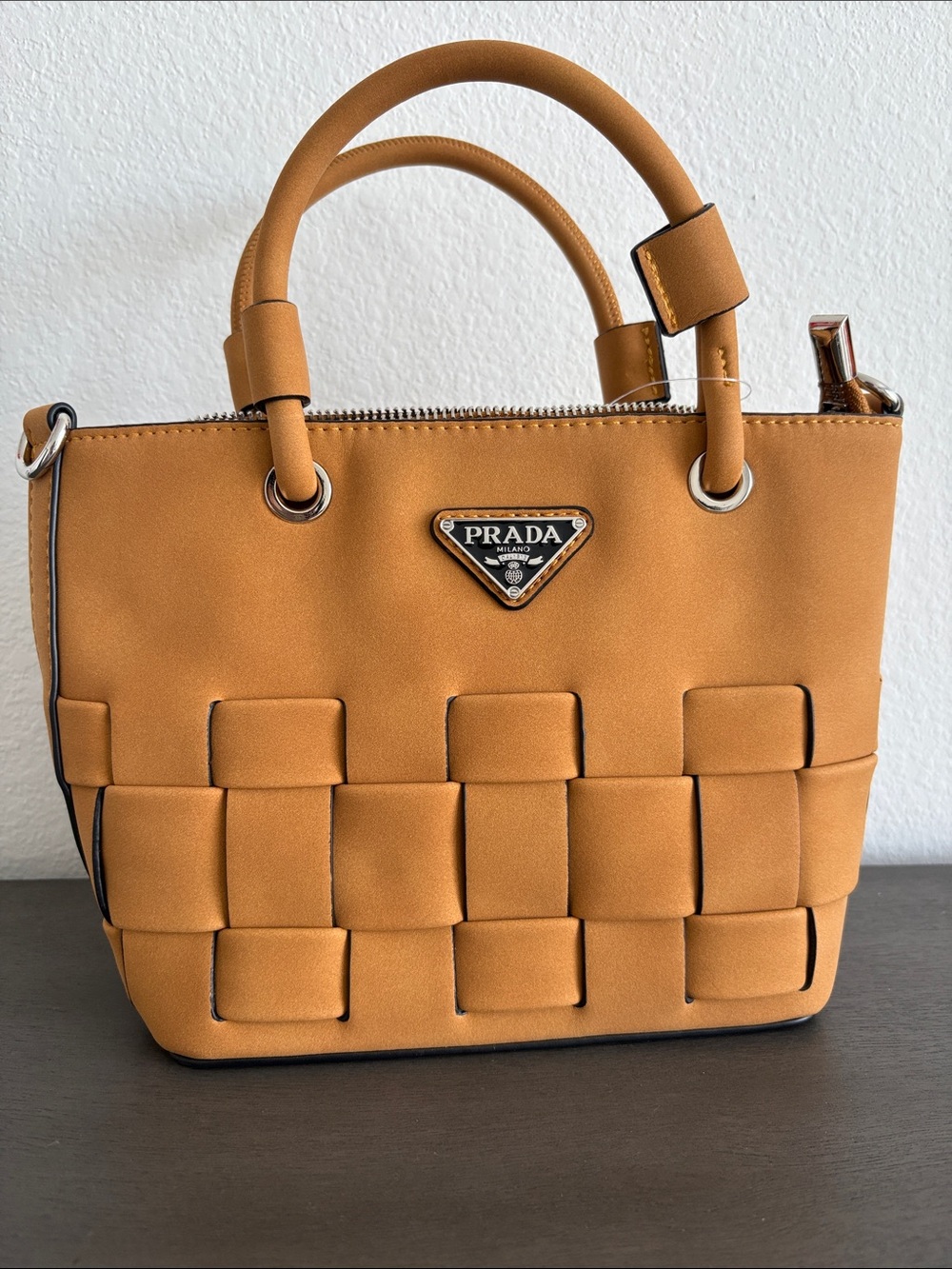 Tan Woven Top-Handle Satchel